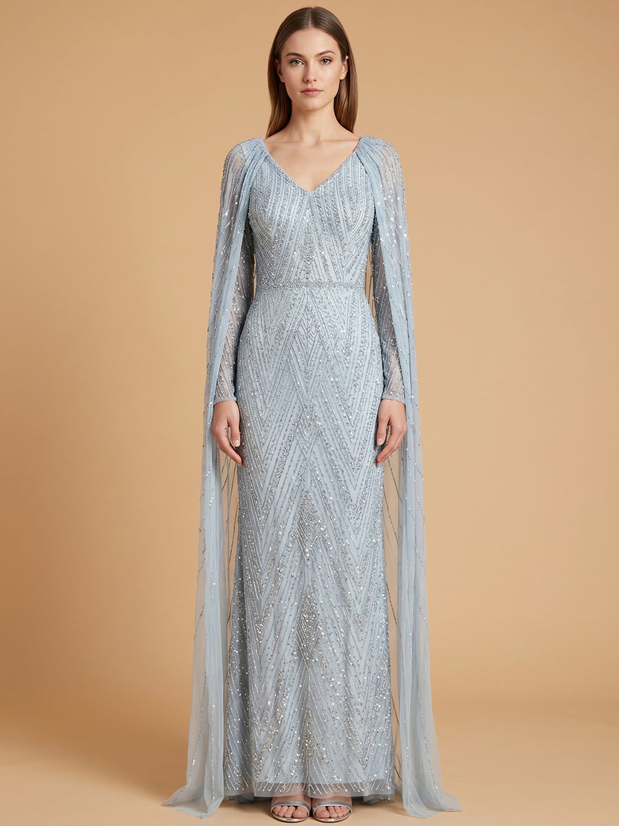 Lara 28839 in sky blue with geometric beadwork and a trailing sheer cape
