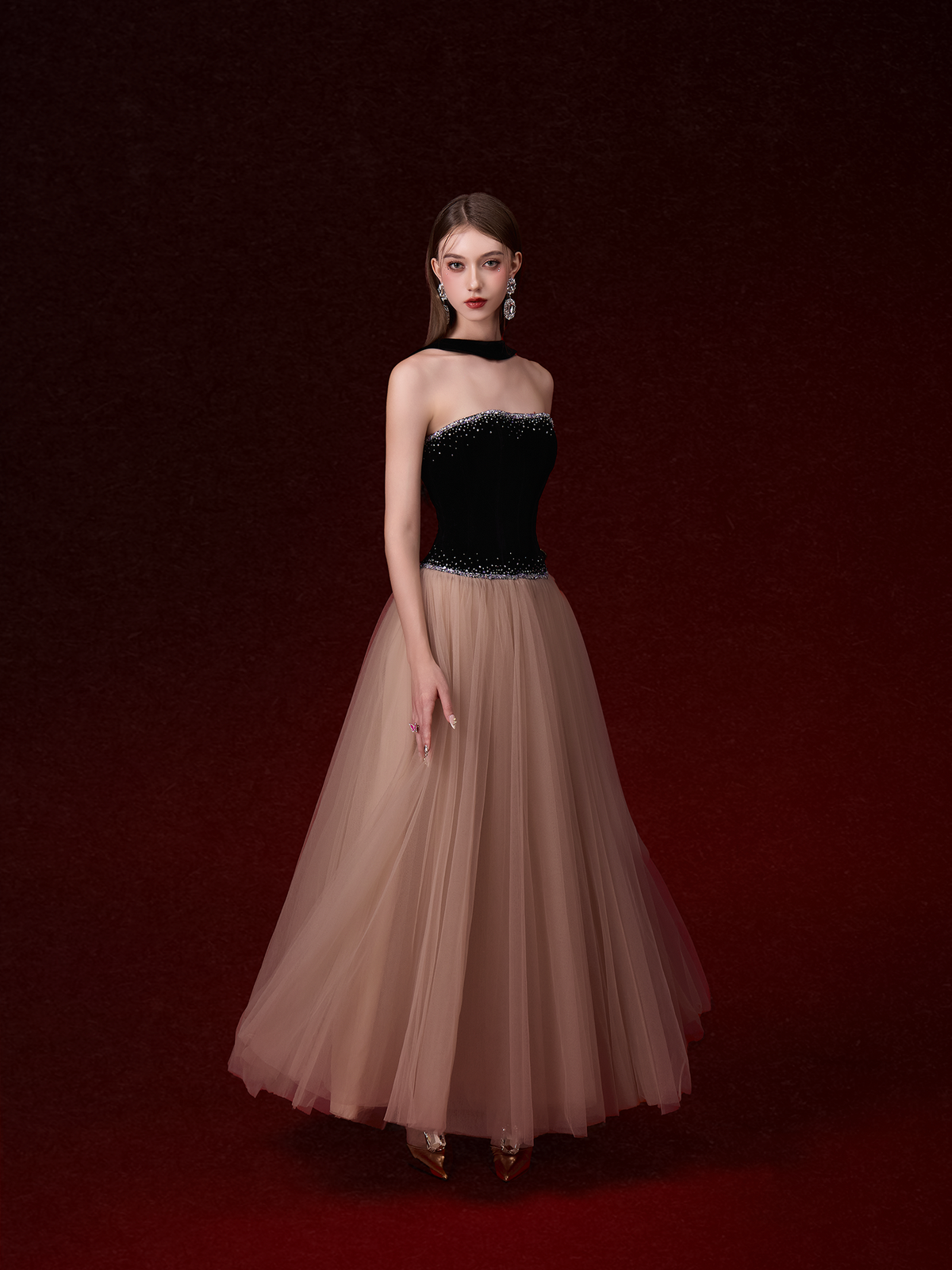 Joséphine Ellie dress with a black embellished strapless bodice and brown tulle skirt