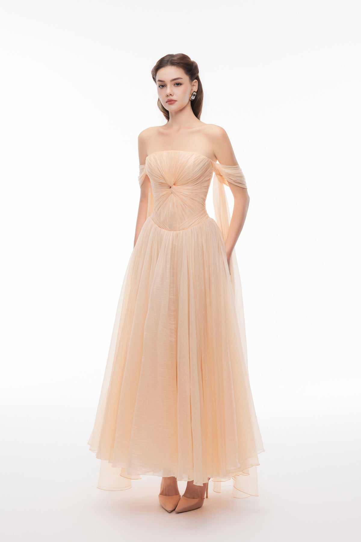 Joséphine EDANA dress in Orange, full-length front view with off-shoulder draping and a gathered bodice.