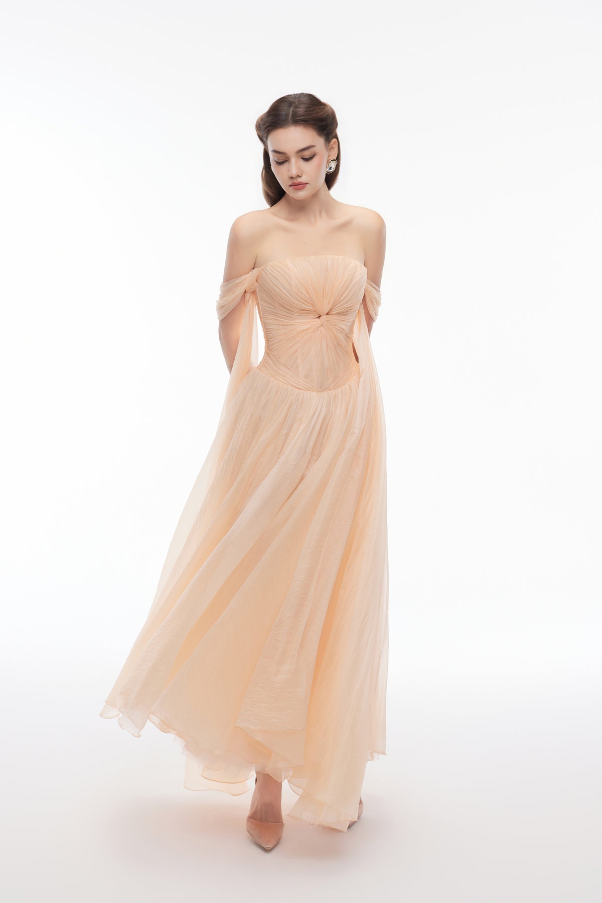 Joséphine EDANA dress in Orange, front view showing the flowing layered skirt.