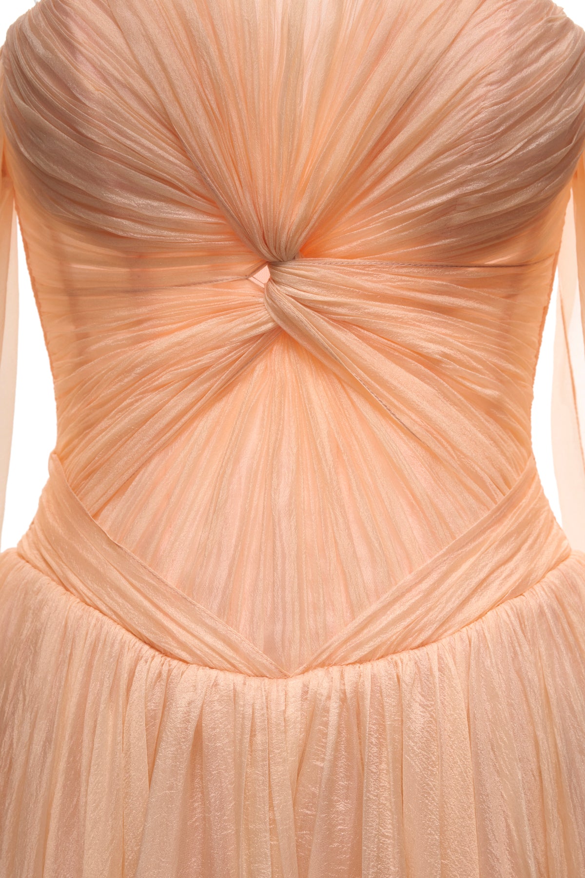 Joséphine EDANA dress in Orange, close-up of the gathered twist detail and shaped waist.