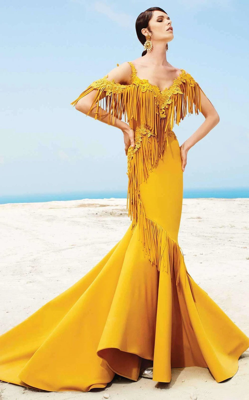Embellished Cold Shoulder Fringed Evening Gown 2347 8/40 / RED Embellished Cold Shoulder Fringed Evening Gown 2347 8/40 / RED
