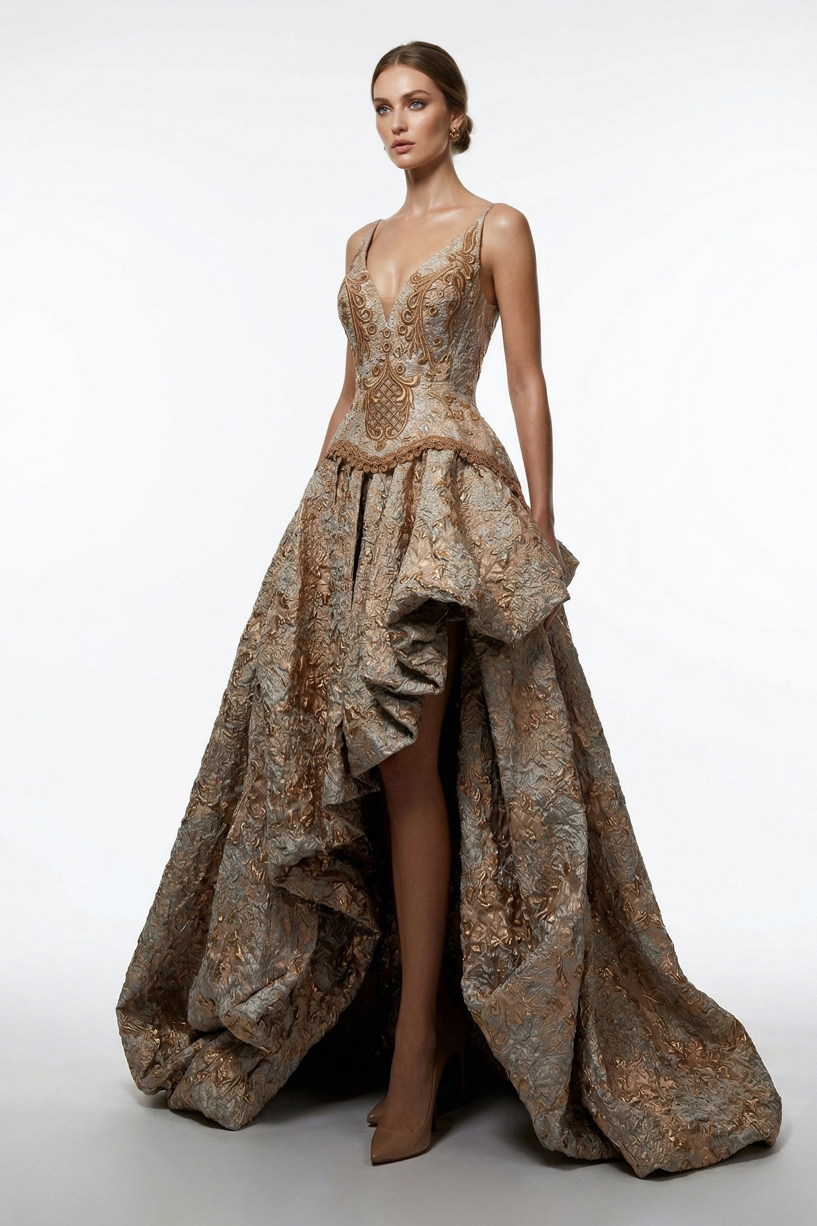 Fouad Sarkis F2366 – Gold Metallic Jacquard High-Low Corset Gown