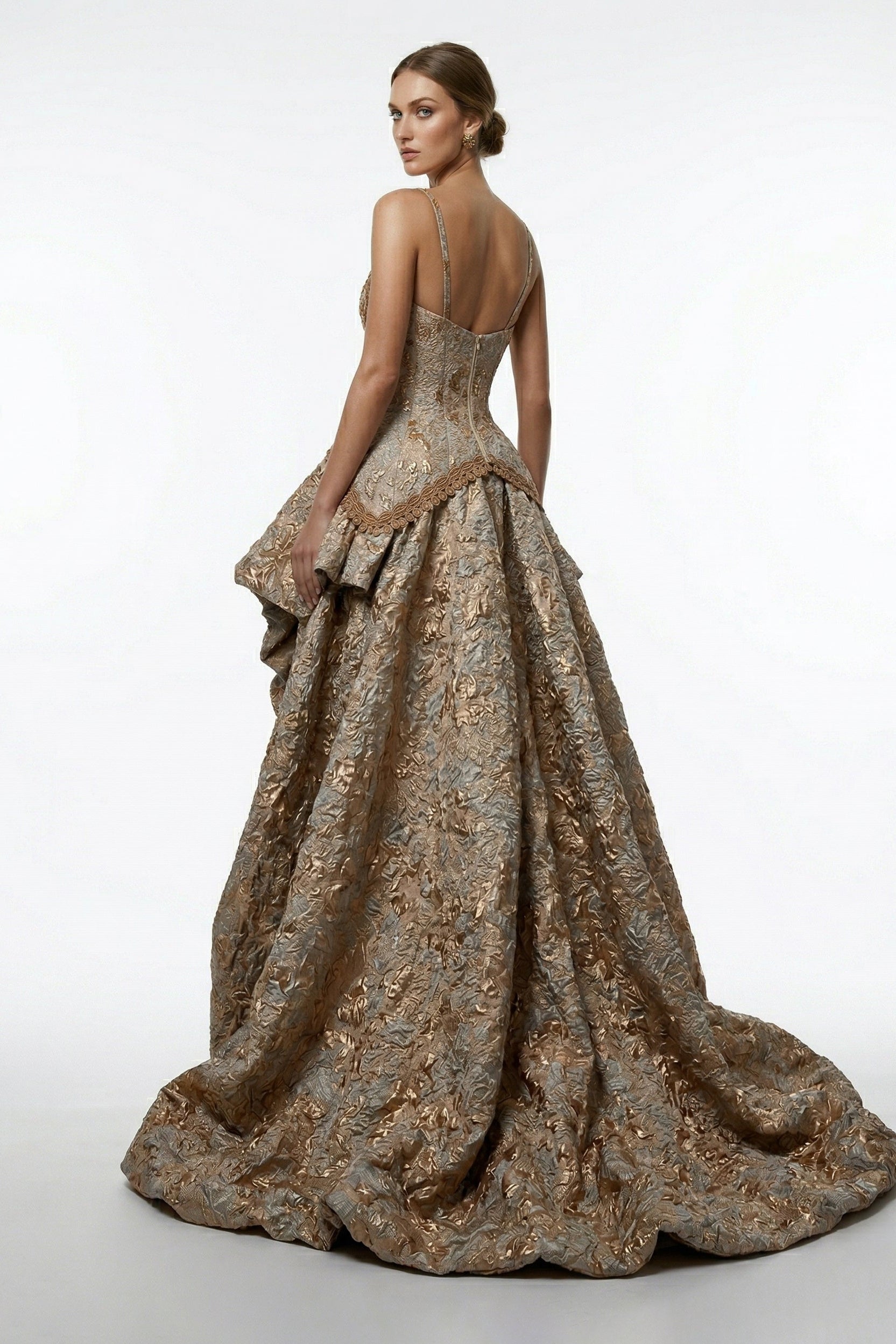 Fouad Sarkis F2366 – Gold Metallic Jacquard High-Low Corset Gown