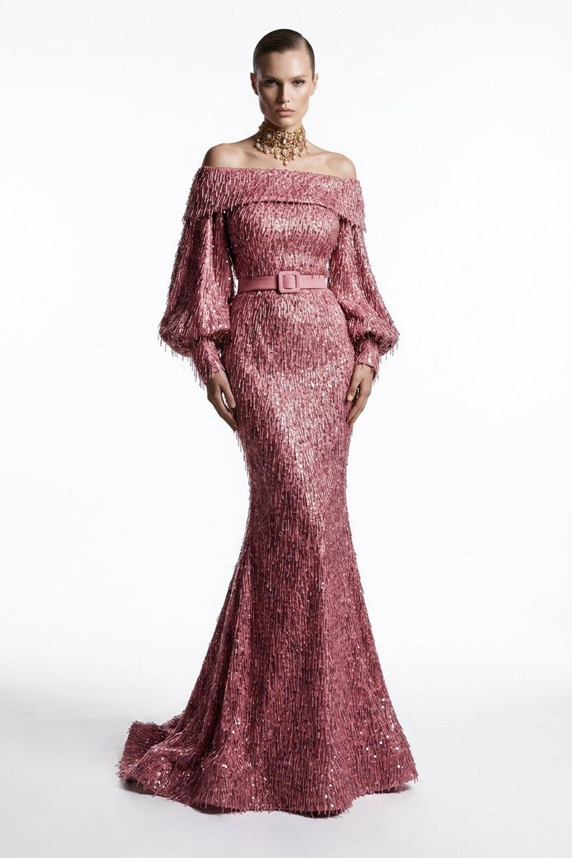 Fouad Sarkis F02752A Gold Off-Shoulder Voluminous Sleeve Gown