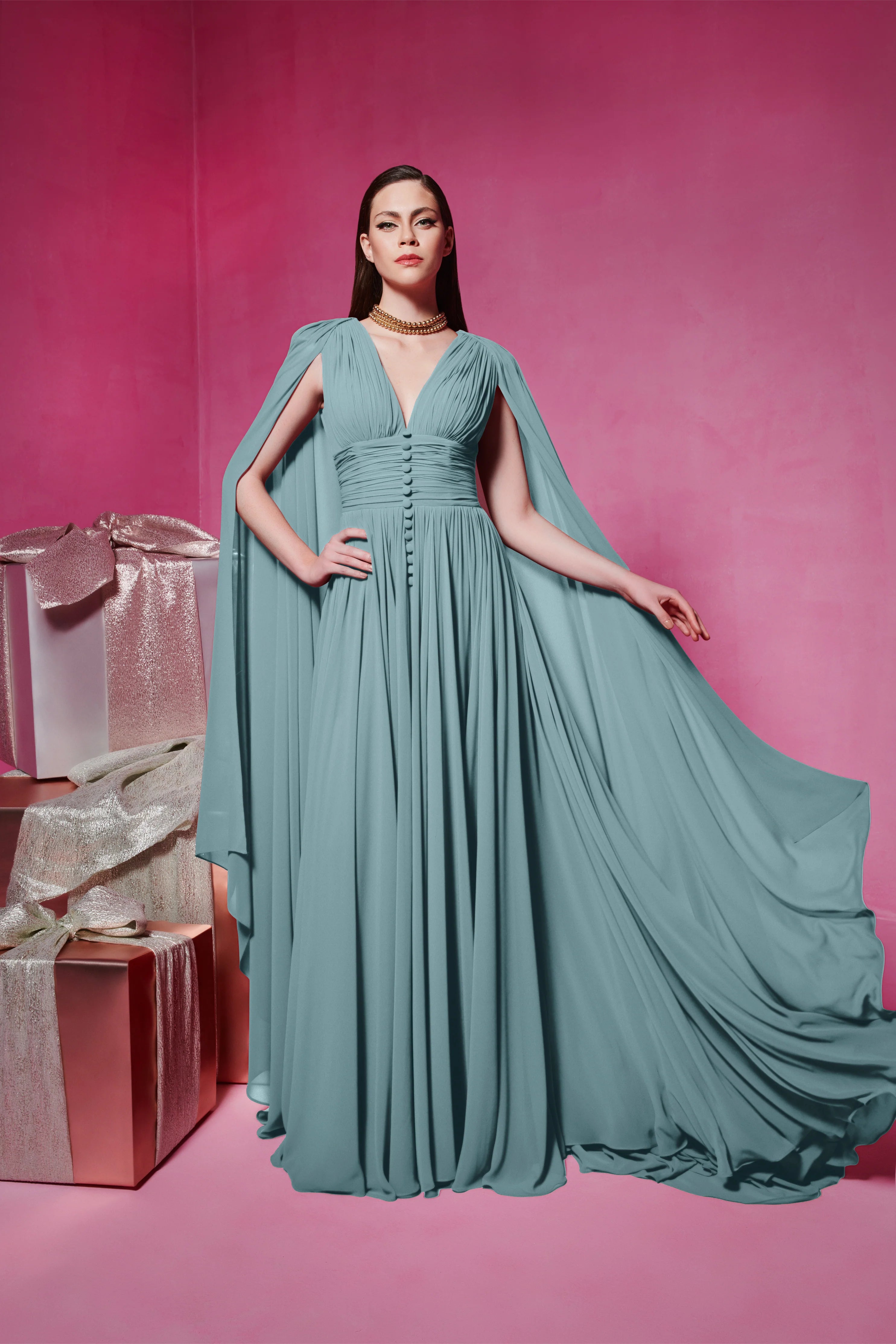 aptivating Red Couture Gown with Majestic Cape Sleeves F02845