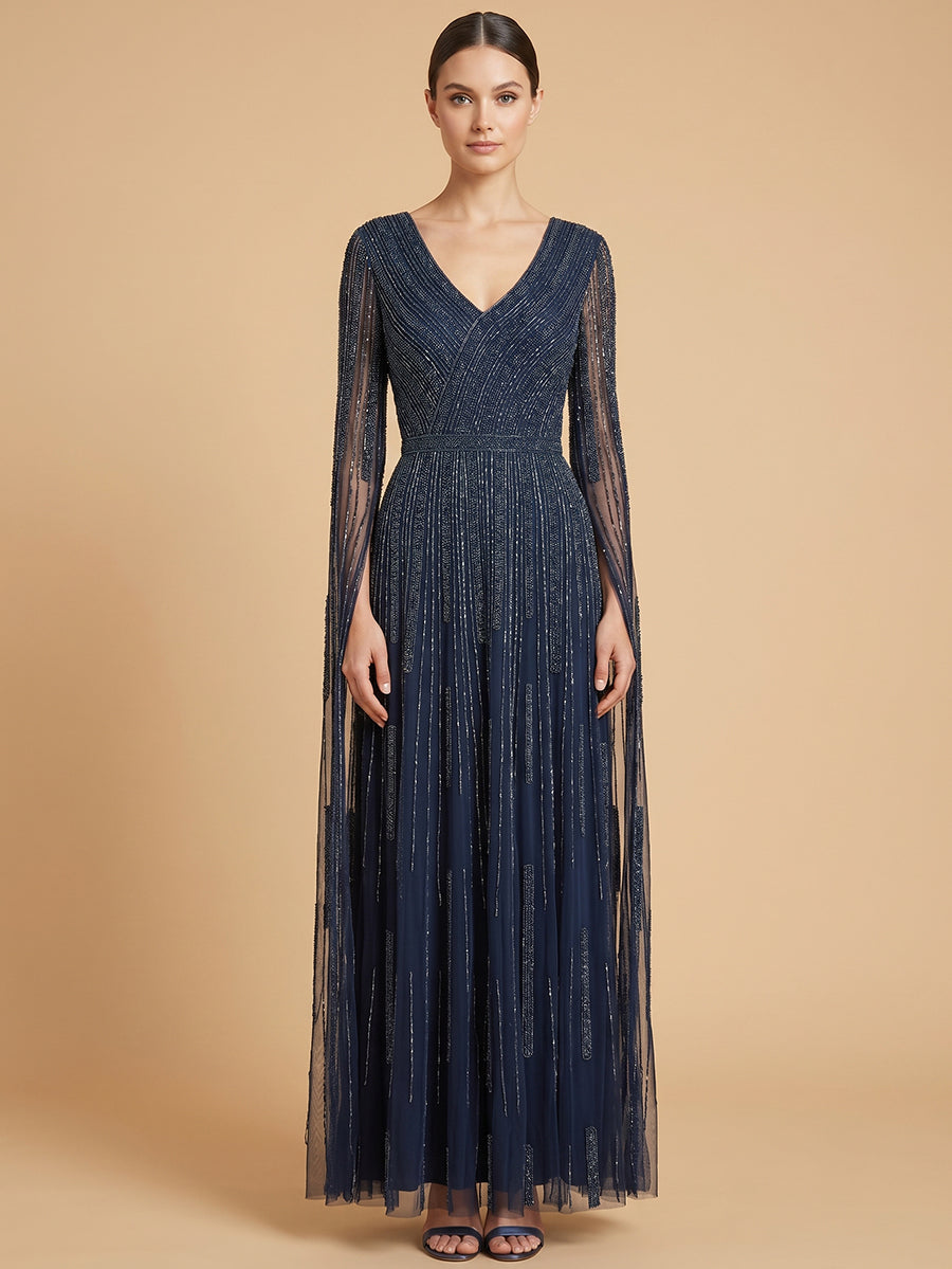 V-Neck Beaded Dress with Long Cape Sleeves | 28835