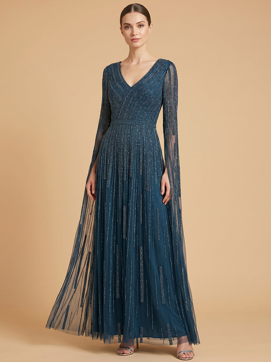 V-Neck Beaded Dress with Long Cape Sleeves | 28835