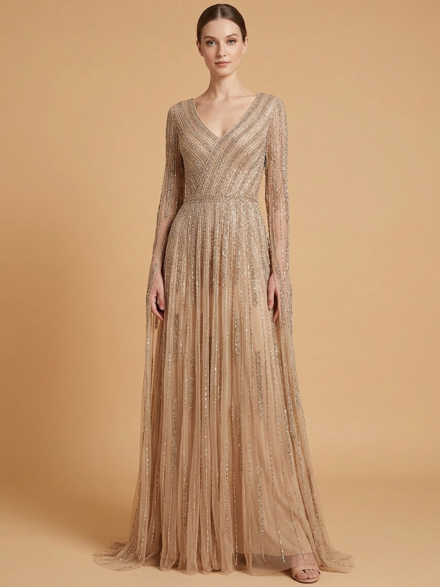 V-Neck Beaded Dress with Long Cape Sleeves | 28835