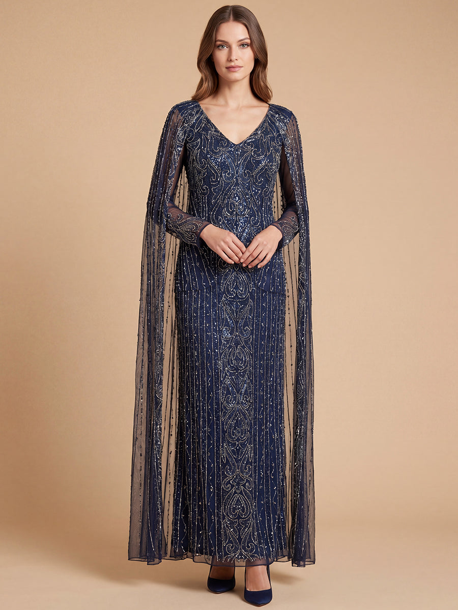 V-Neck Linear Beaded Dress with Long Cape | 28838