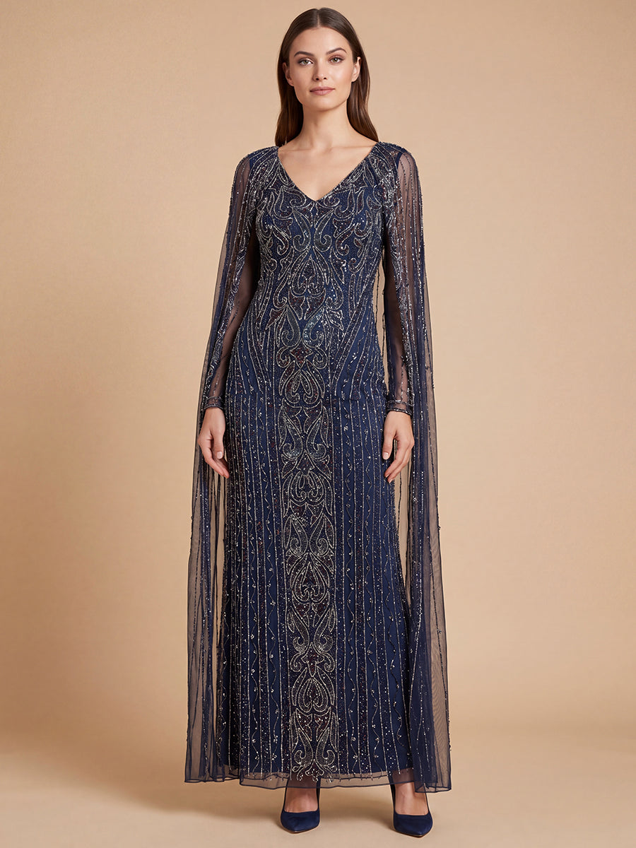 V-Neck Linear Beaded Dress with Long Cape | 28838