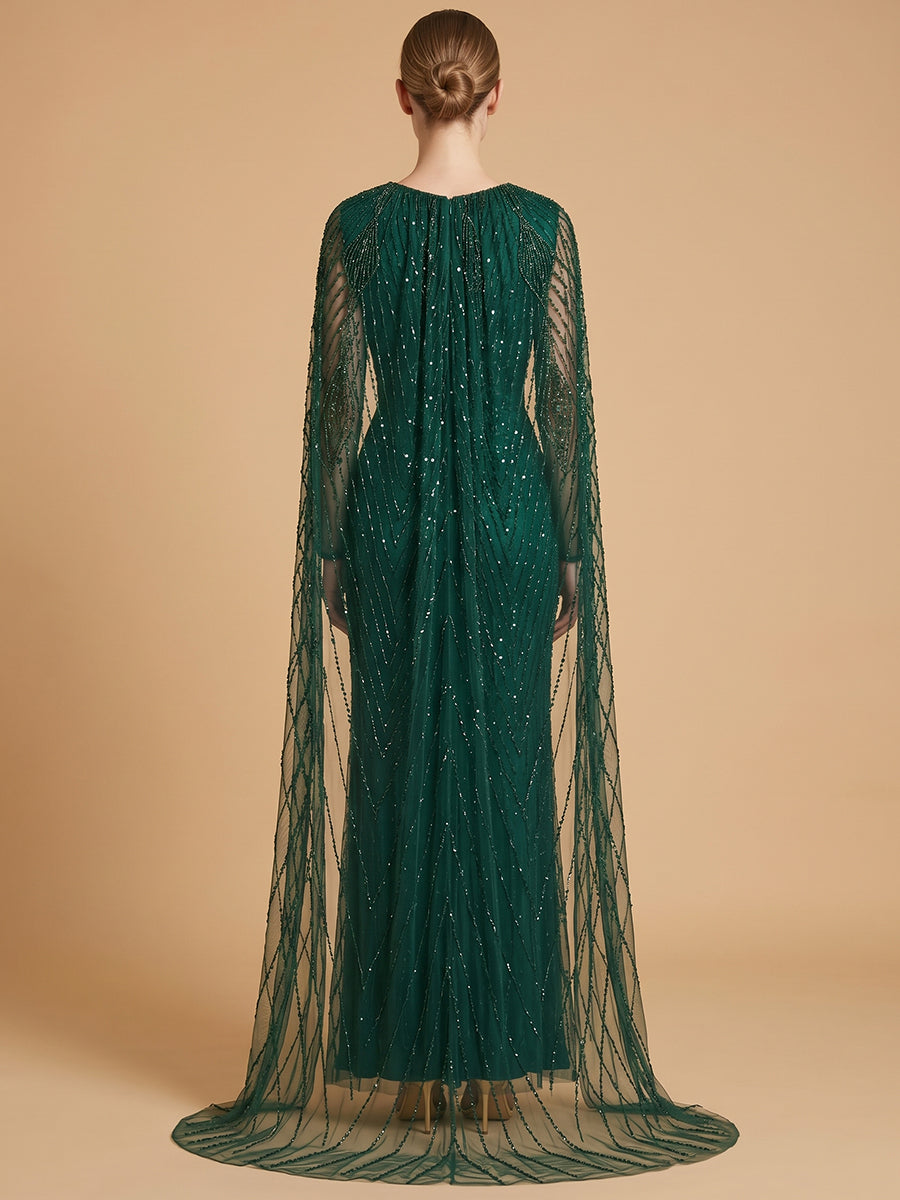 V-Neck Beaded Dress with Long Cape | 28839
