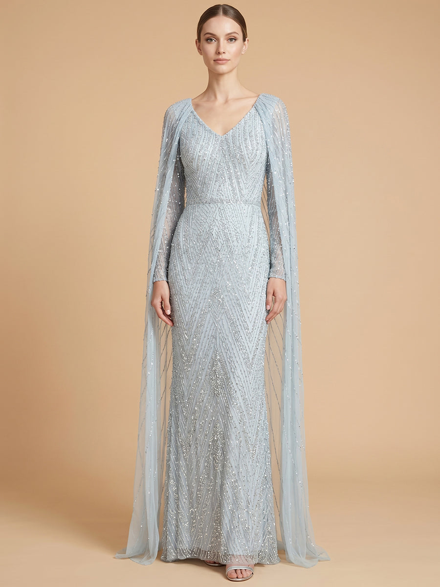 V-Neck Beaded Dress with Long Cape | 28839
