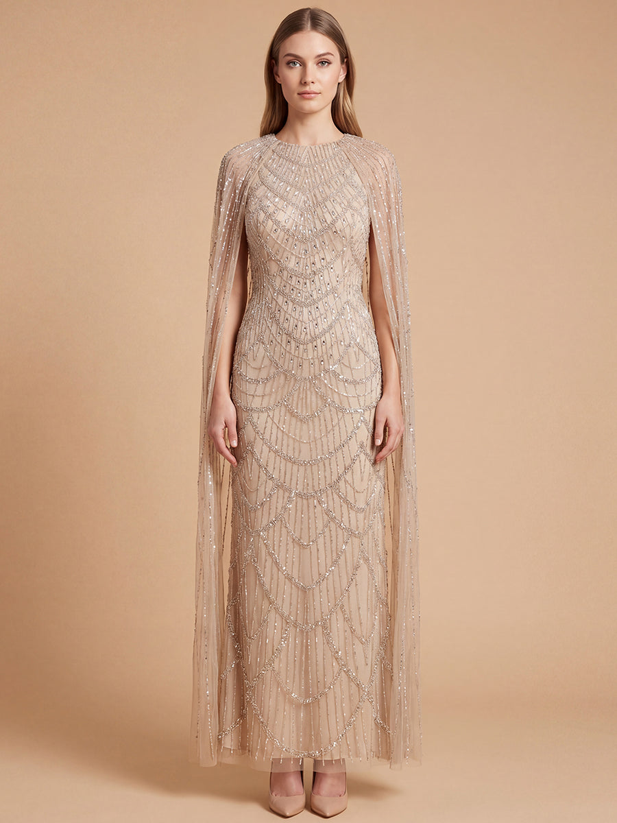 High Neck Beaded Dress with Long Cape | 28840