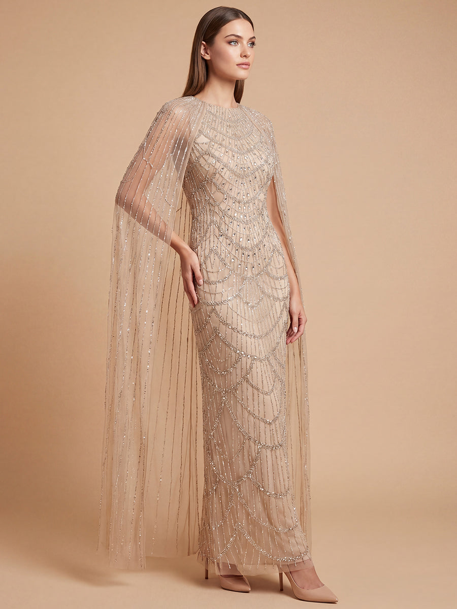 High Neck Beaded Dress with Long Cape | 28840