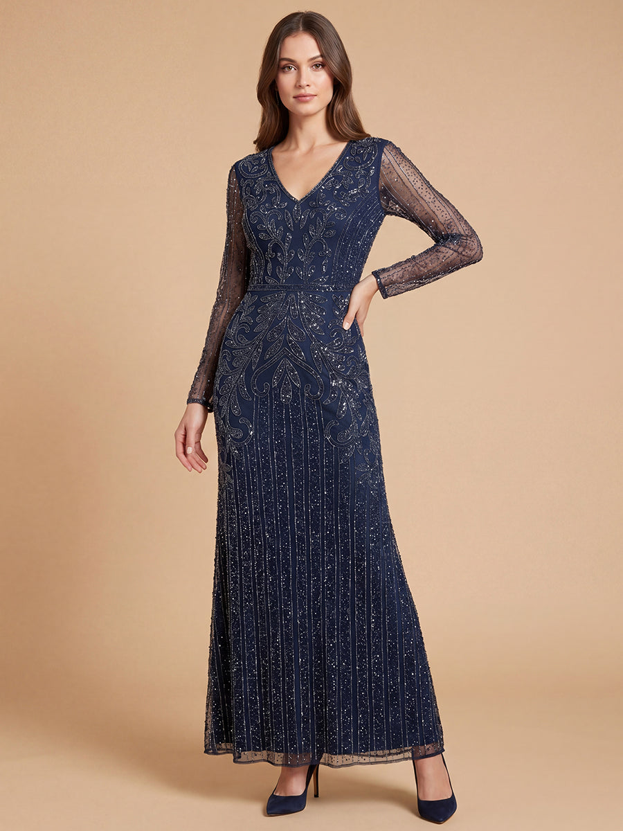 Long Sleeve Beaded Gown | 28841