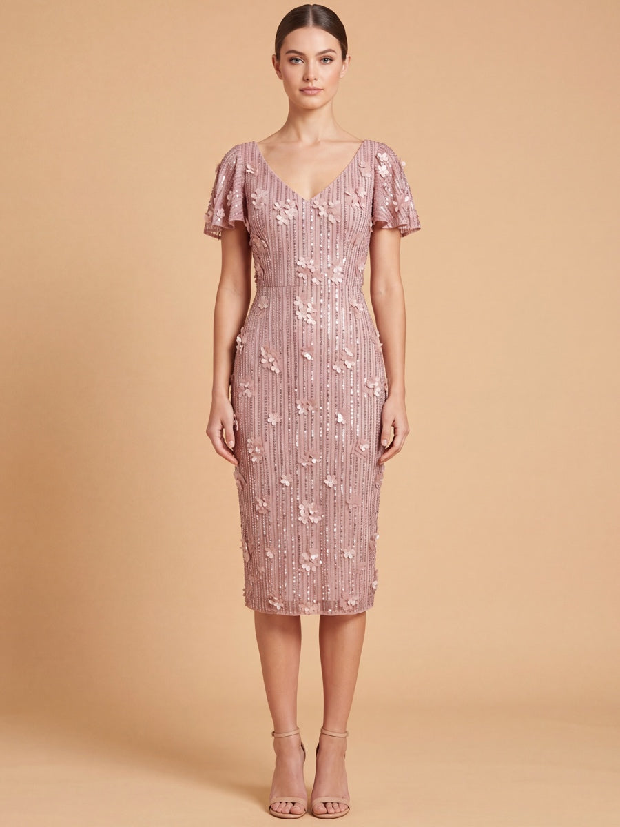 3D Floral Embellished Midi Dress with Cape Sleeves | 28851