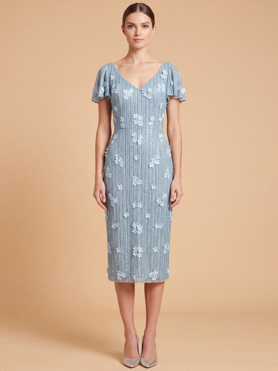 3D Floral Embellished Midi Dress with Cape Sleeves | 28851