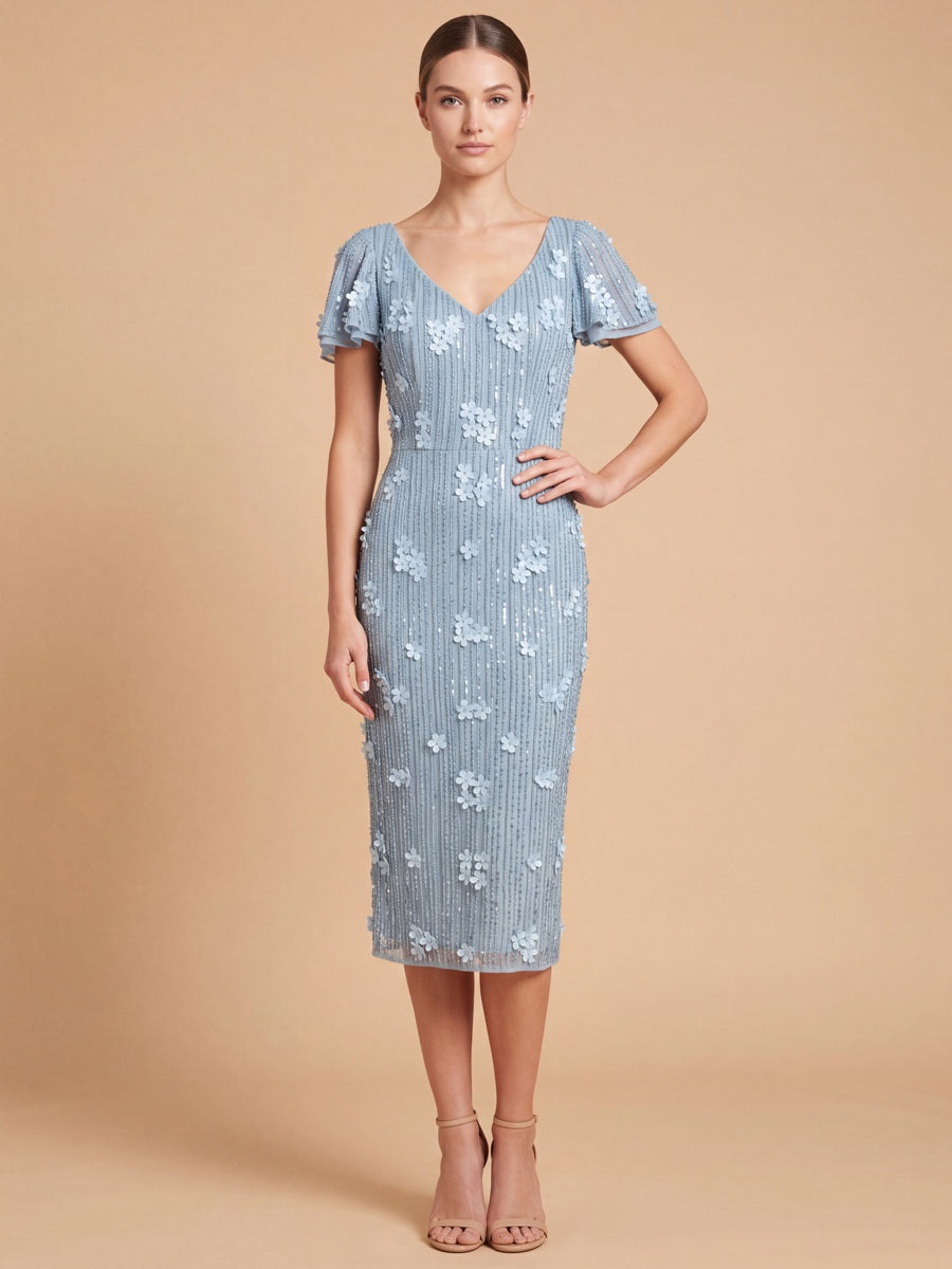 3D Floral Embellished Midi Dress with Cape Sleeves | 28851