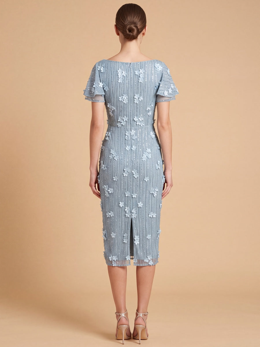 3D Floral Embellished Midi Dress with Cape Sleeves | 28851