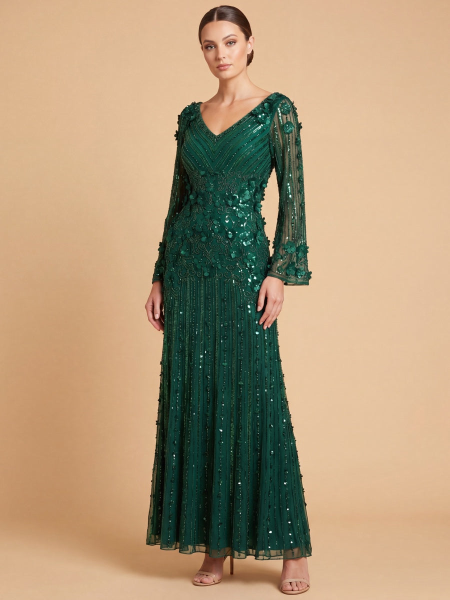 3D Floral Embellished Long Sleeve Gown | 28854