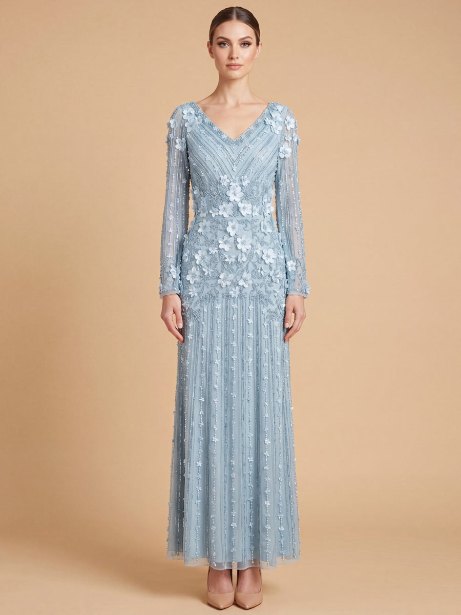 3D Floral Embellished Long Sleeve Gown | 28854