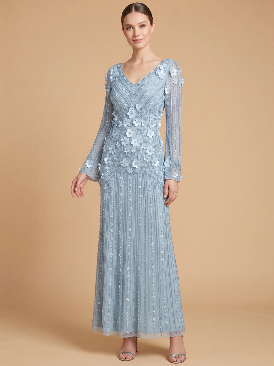 3D Floral Embellished Long Sleeve Gown | 28854