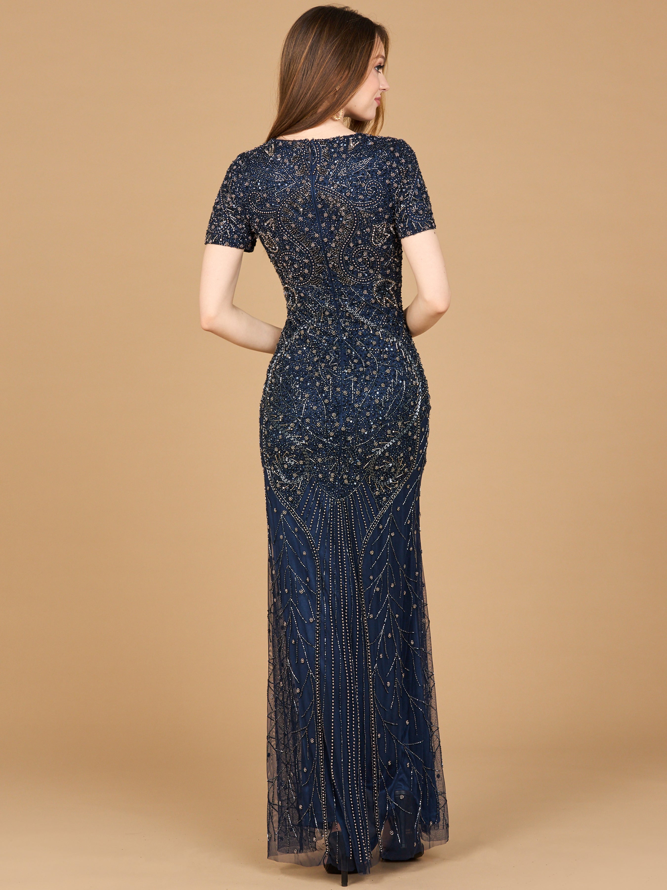 Short Sleeve Sheath Beaded Gown 28864