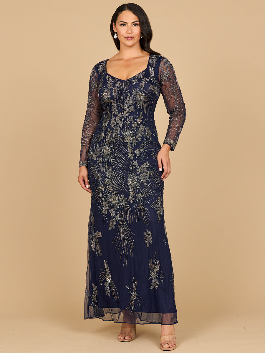 Lara 28874- Long Sleeve Queen Anne Beaded Gown