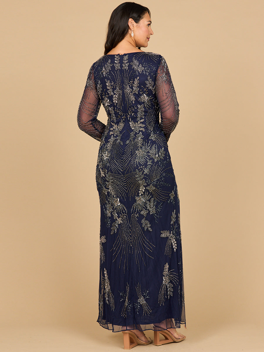 Lara 28874- Long Sleeve Queen Anne Beaded Gown