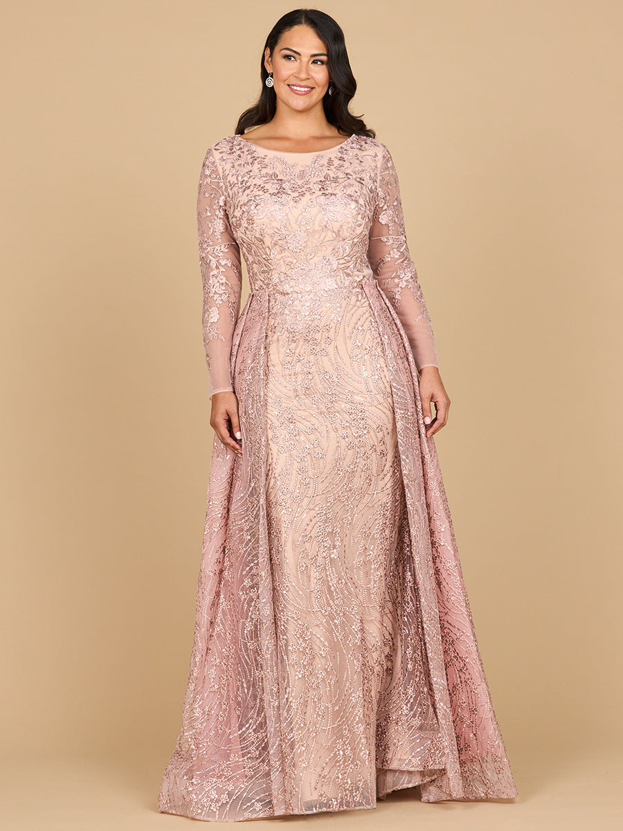 Lara 28883- Long Sleeve Gown with Overskirt & Illusion Neckline