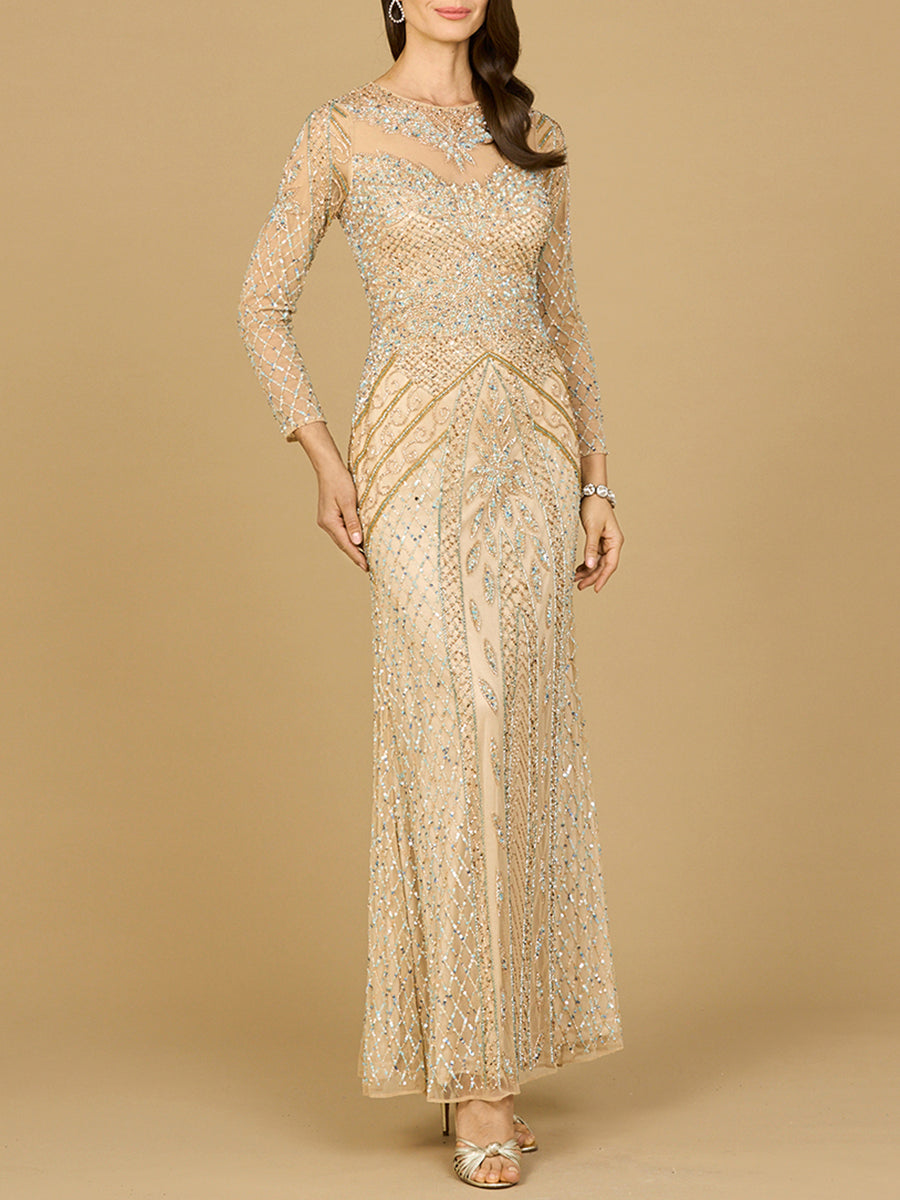 Illusion Neck, Long Sleeve Beaded Gown 28893