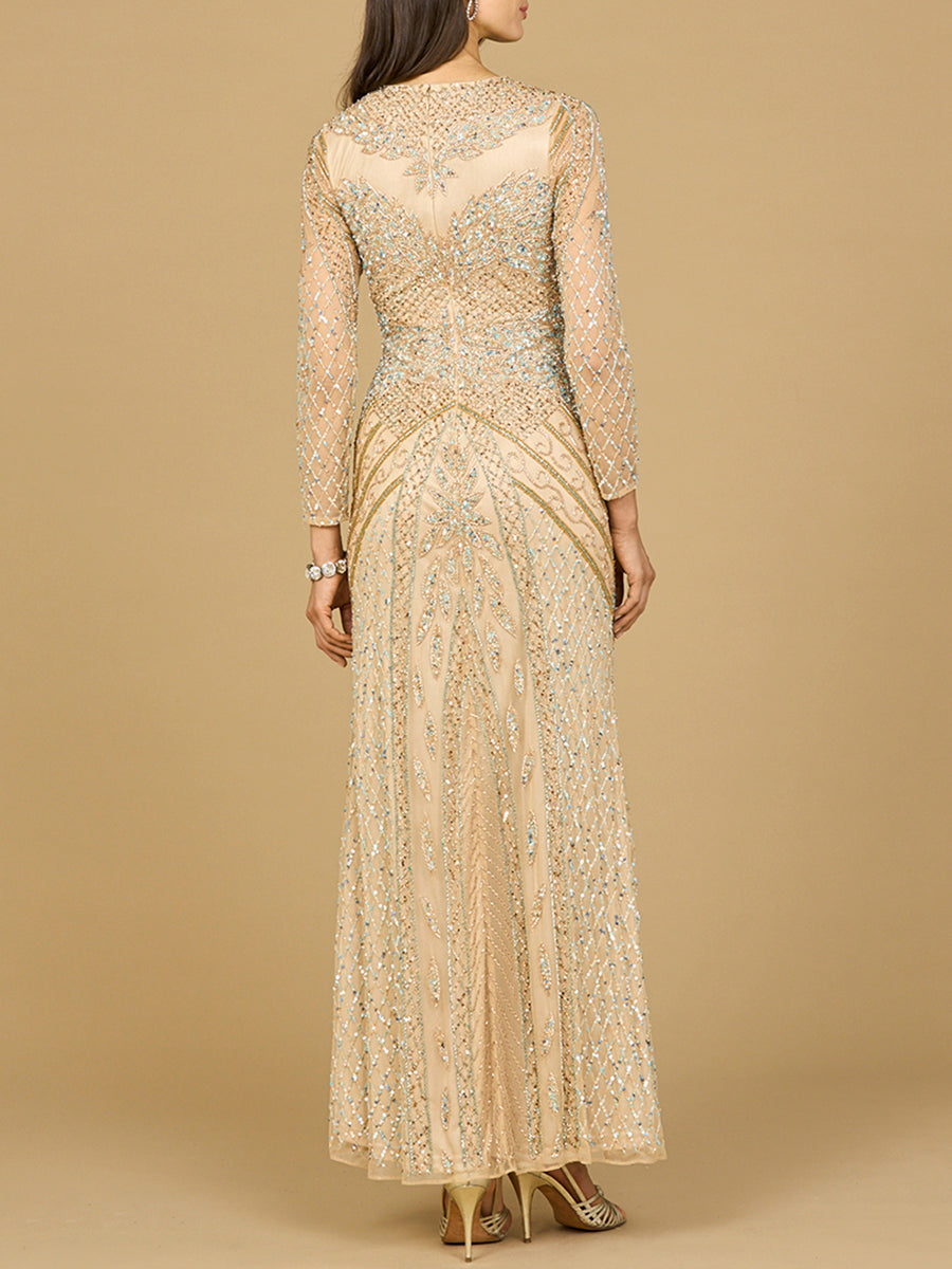 Illusion Neck, Long Sleeve Beaded Gown 28893