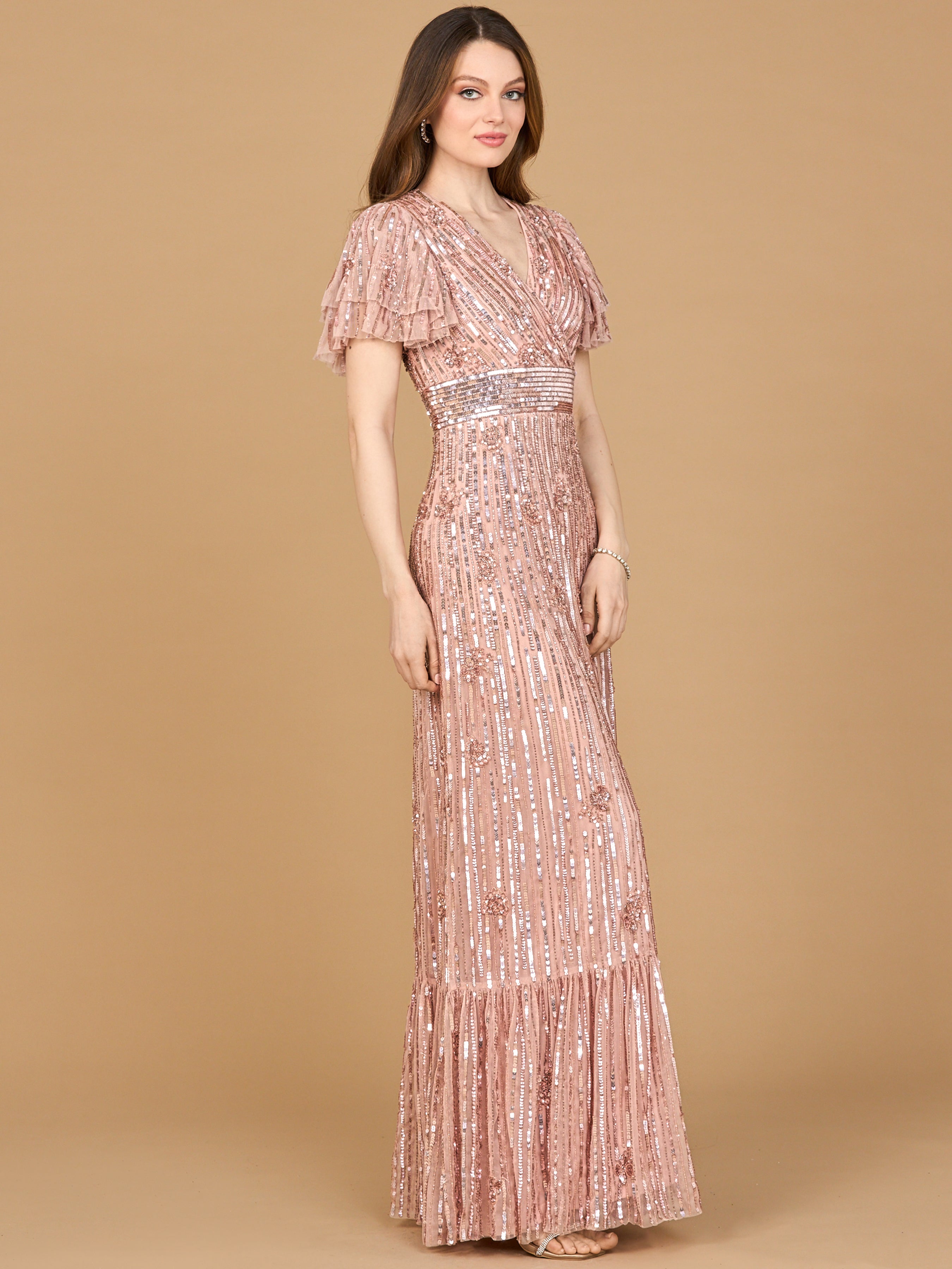 Elegant Beaded Gown with Flutter Sleeves 28899