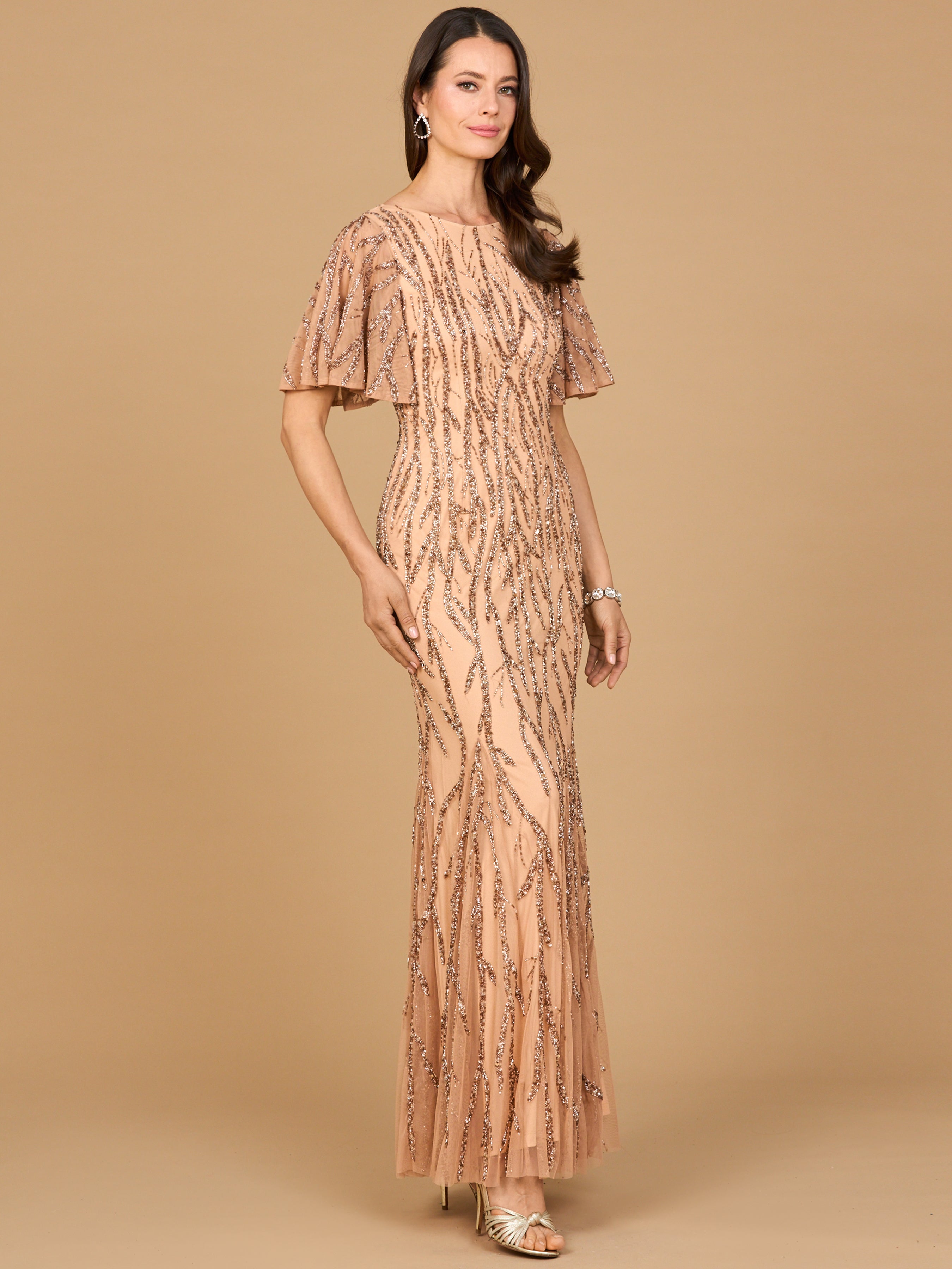 Beaded Gown with Flutter Sleeves 28903