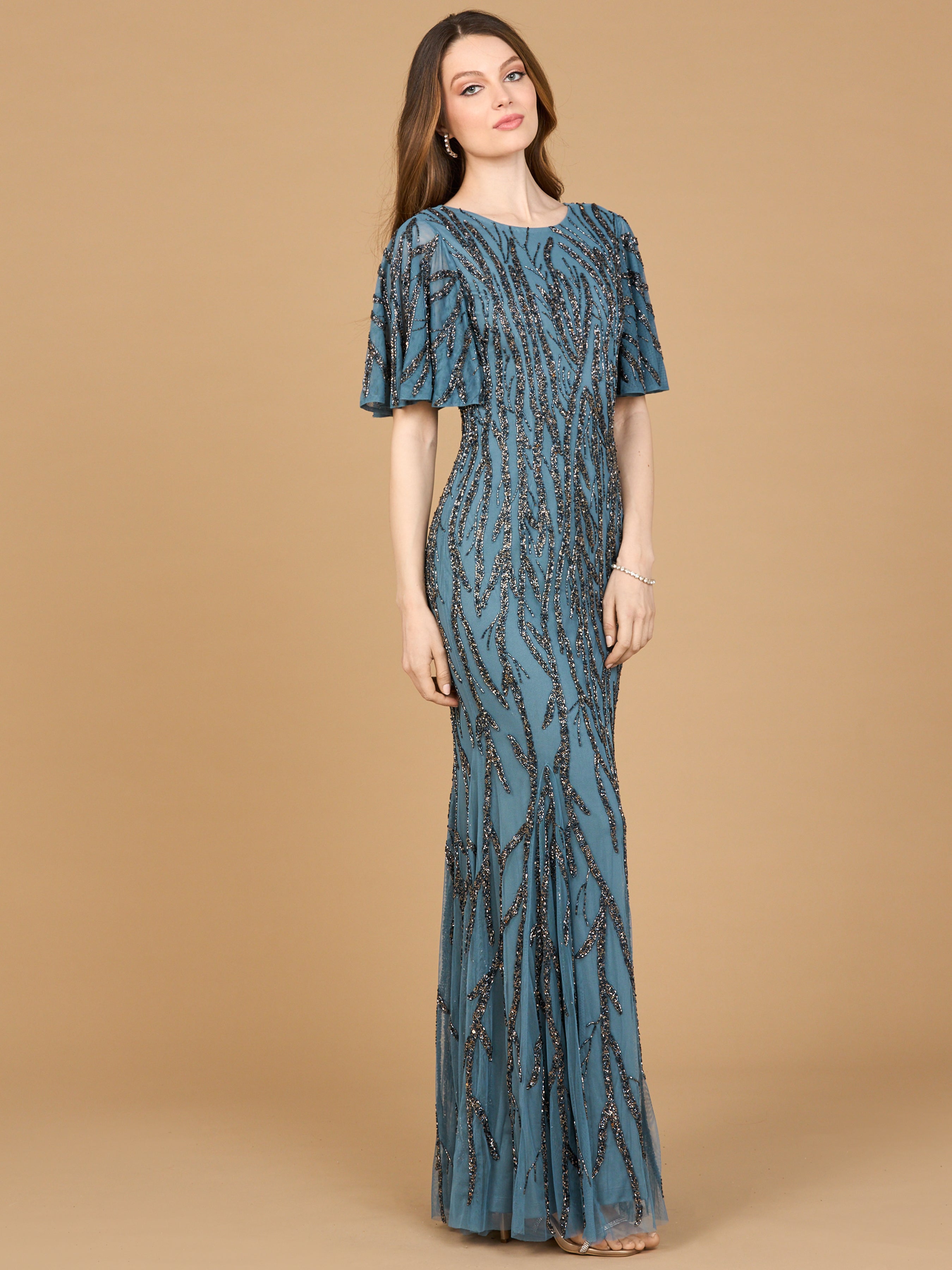 Beaded Gown with Flutter Sleeves 28903