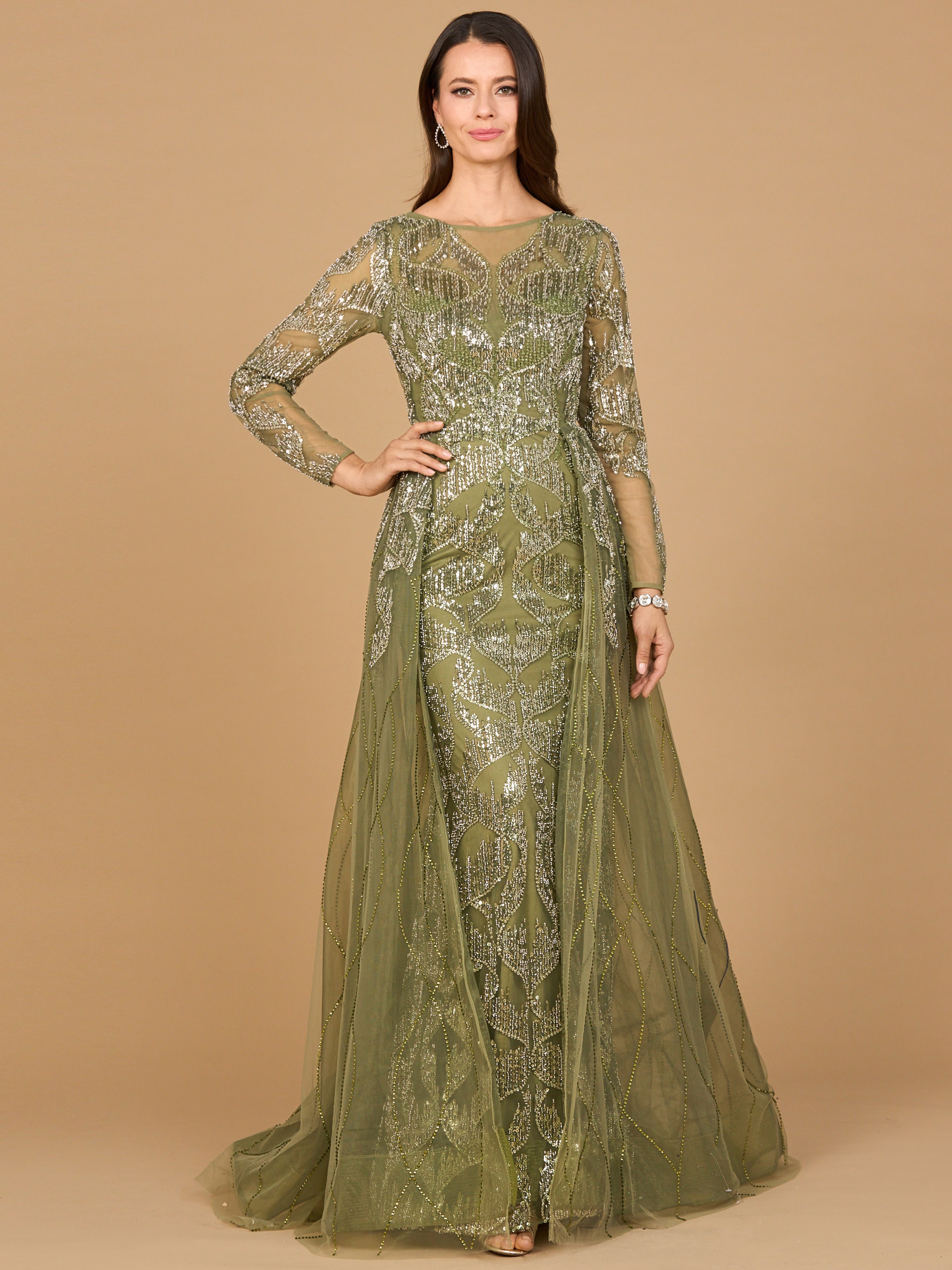 Long Sleeve Gown with Overskirt & High Neck 28933