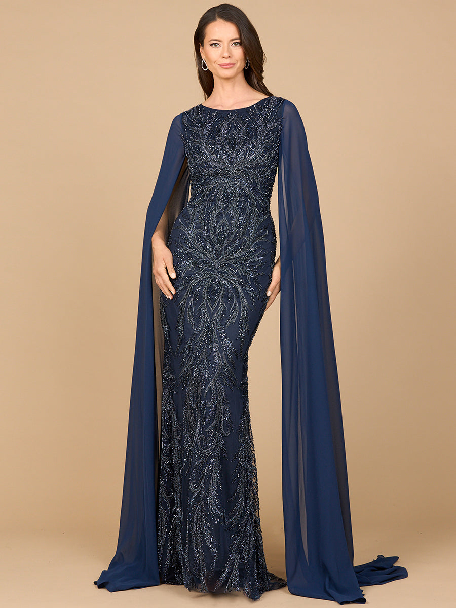 High Neck Gown with Chiffon Cape Sleeves 28940
