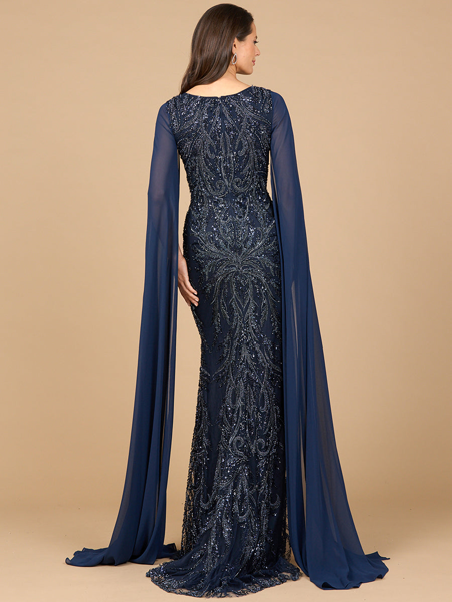 High Neck Gown with Chiffon Cape Sleeves 28940
