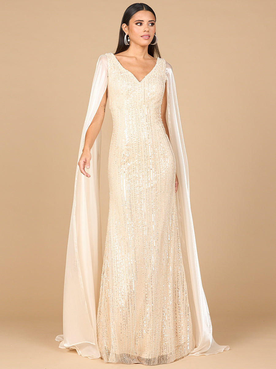 Beaded Gown with Satin Cape Sleeves 28942