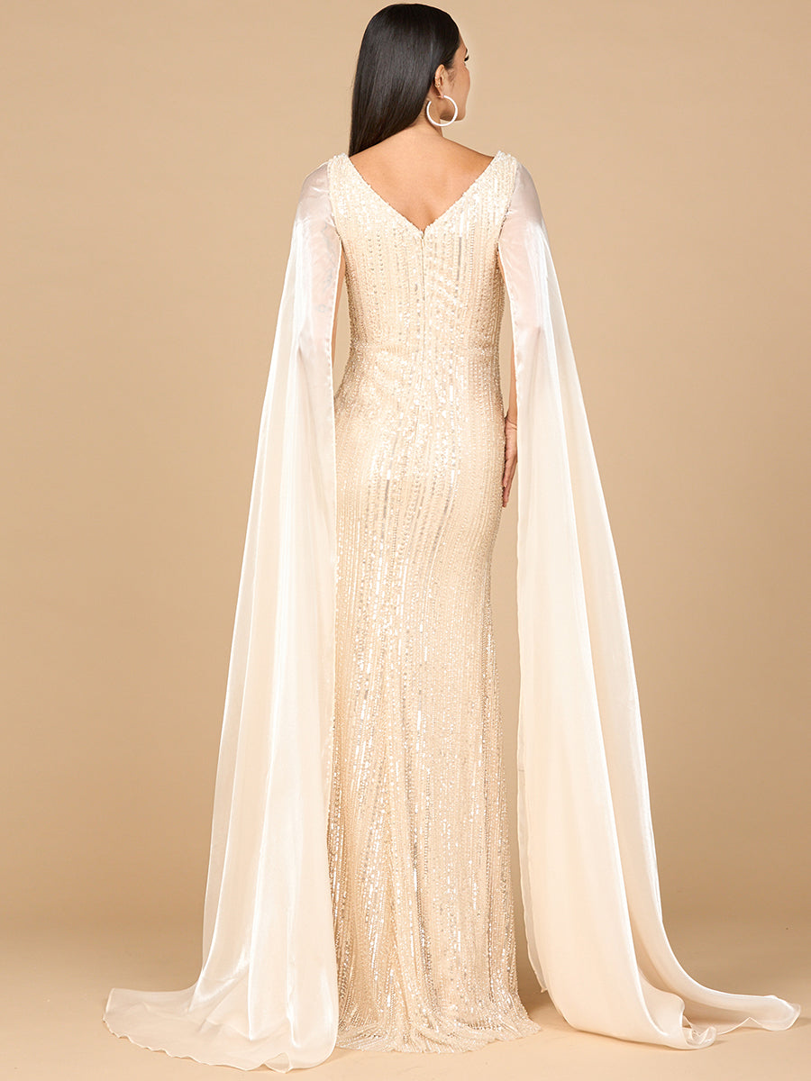 Beaded Gown with Satin Cape Sleeves 28942