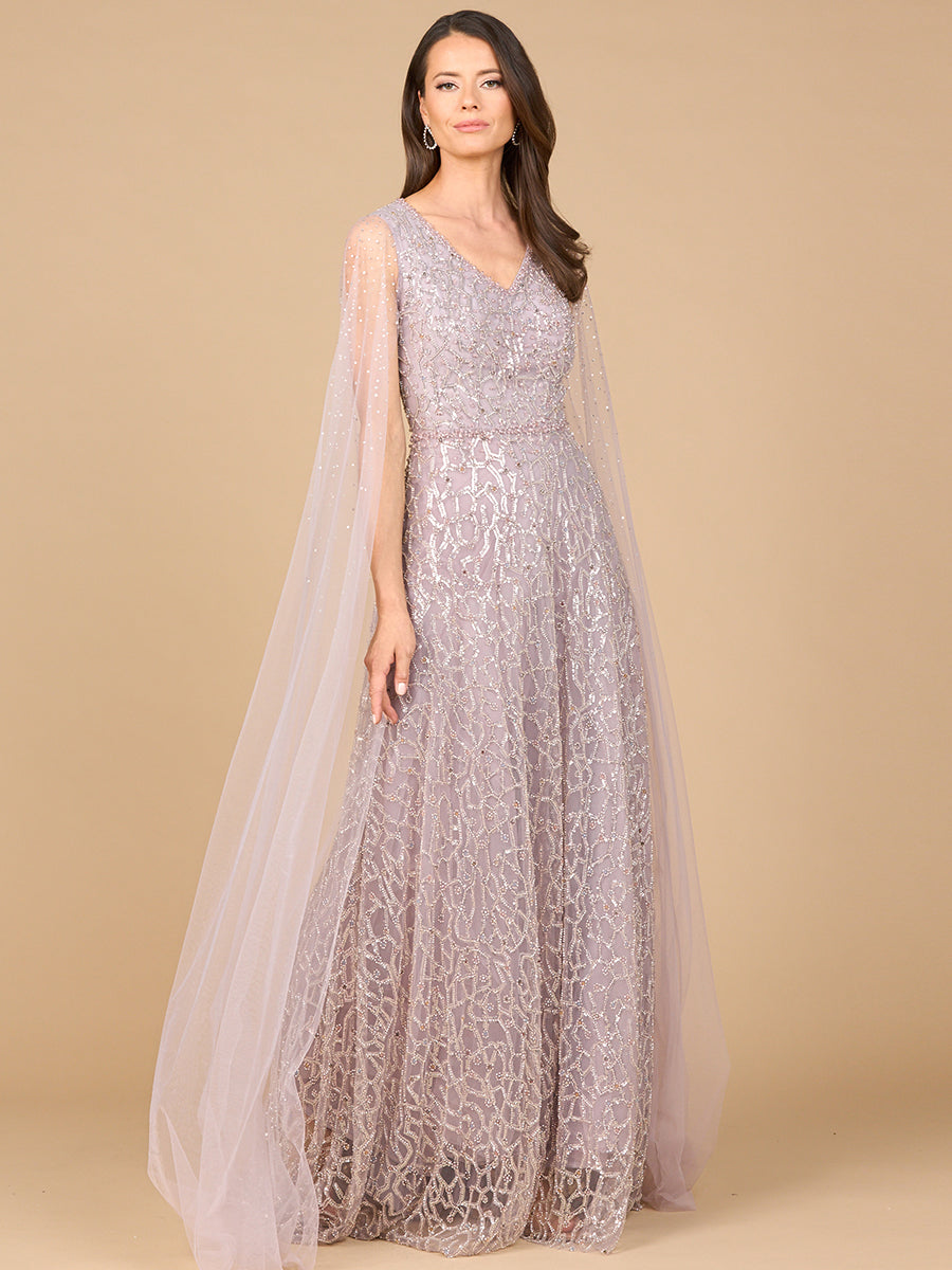 Beaded Lace Gown with Cape Sleeves 28944