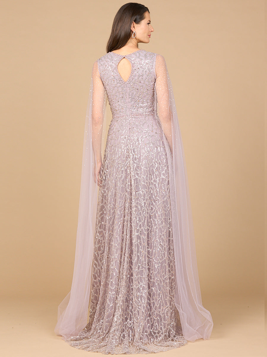 Beaded Lace Gown with Cape Sleeves 28944