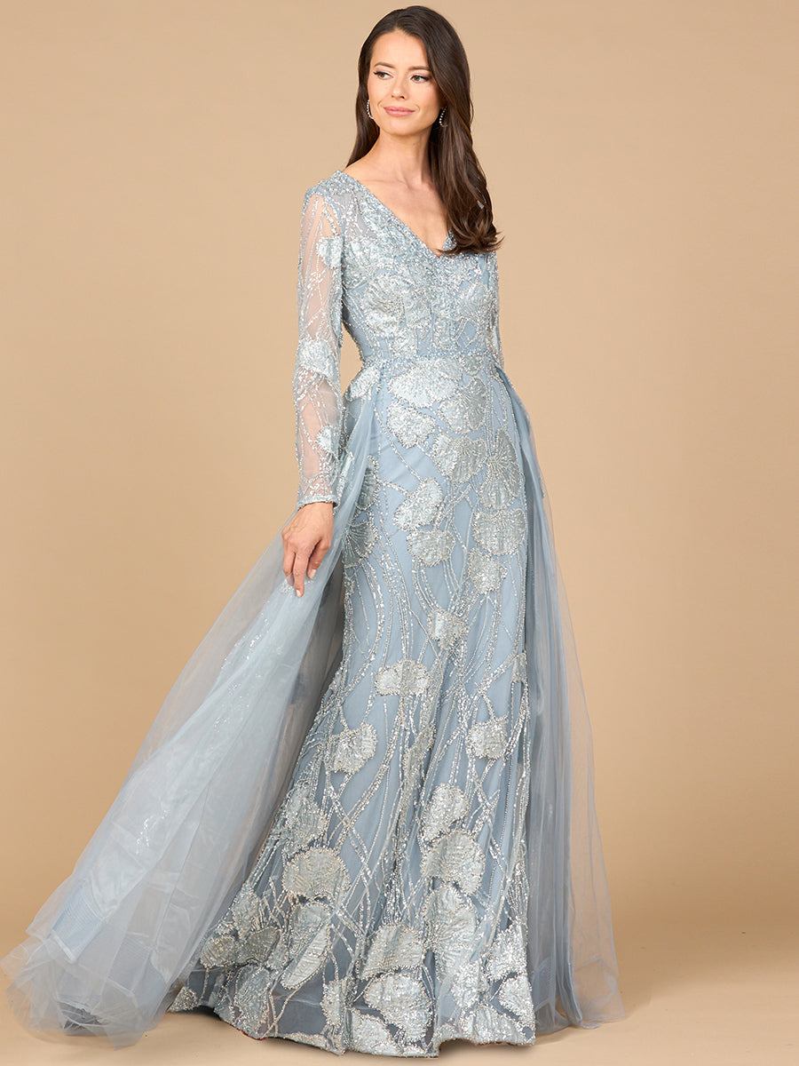 Long Sleeve Lace Gown with Overskirt 28946