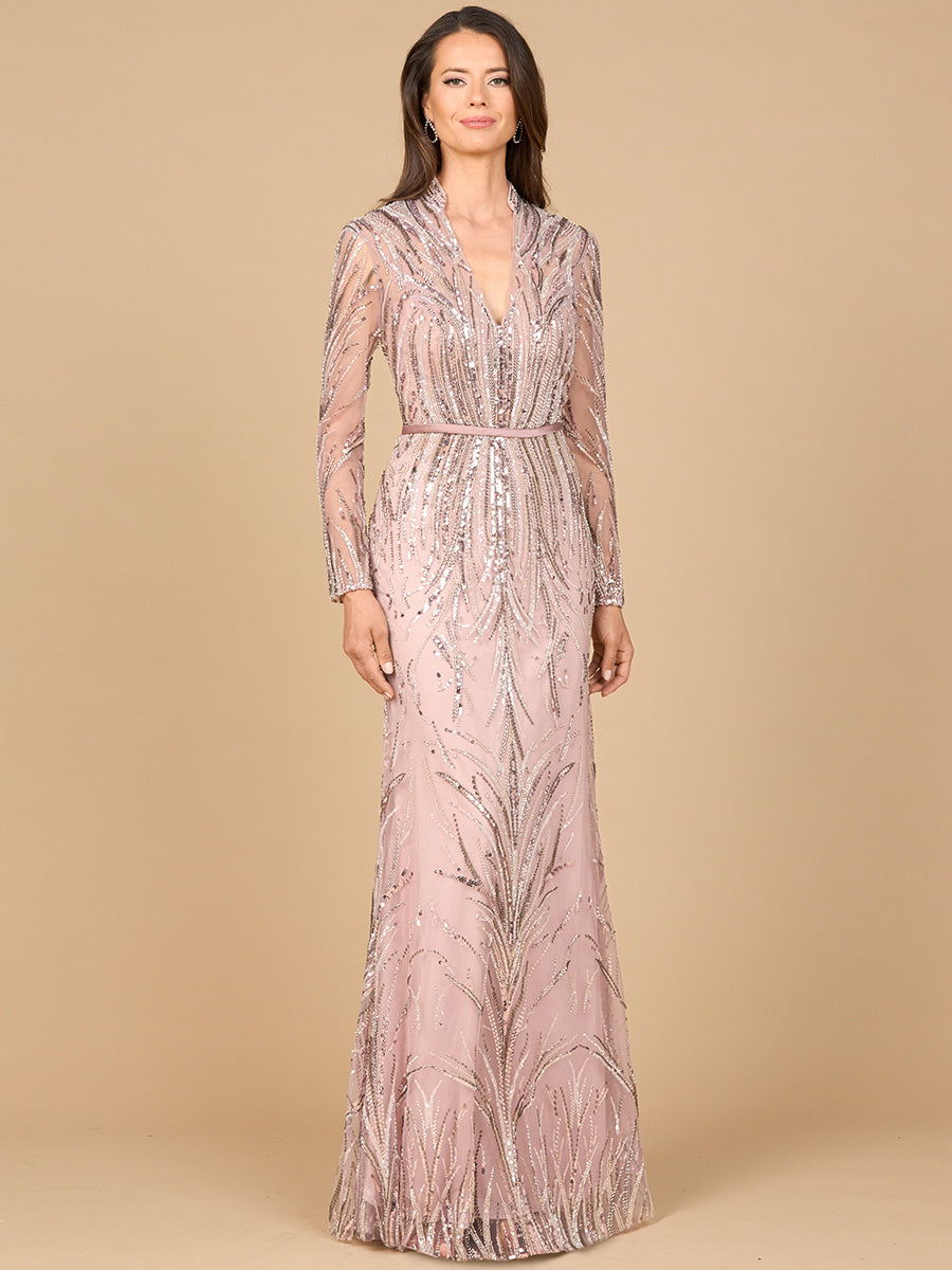 Mandarin V-Neck Gown with Long Sleeves 28948