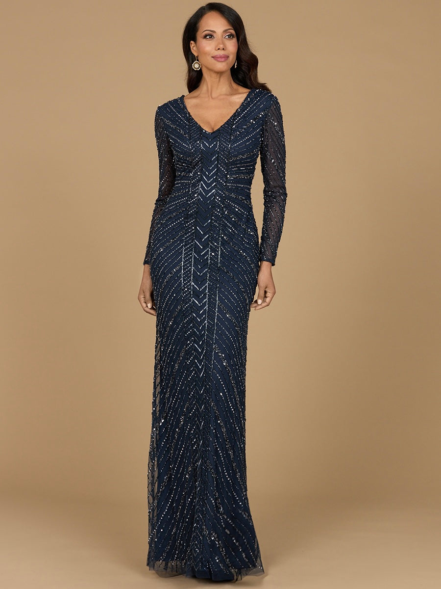 Long Sleeve Beaded Gown 28951 16 / Navy
