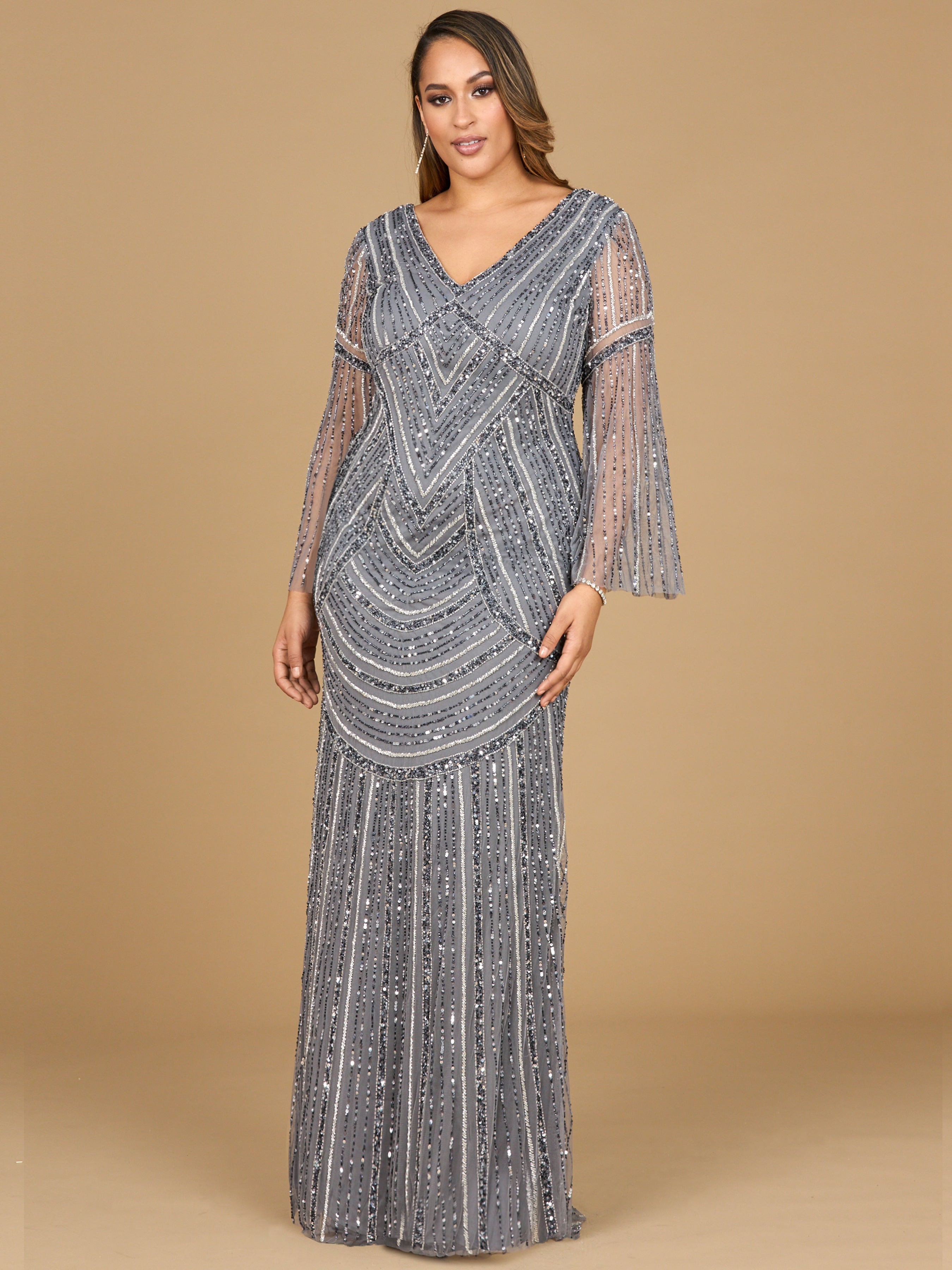 Long Sleeve Beaded Gown 28954