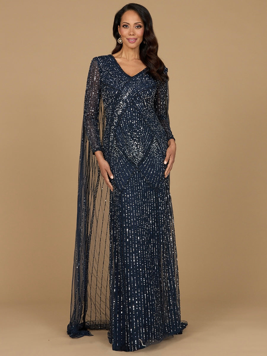 Long Sleeve Beaded Gown with Cape 28956