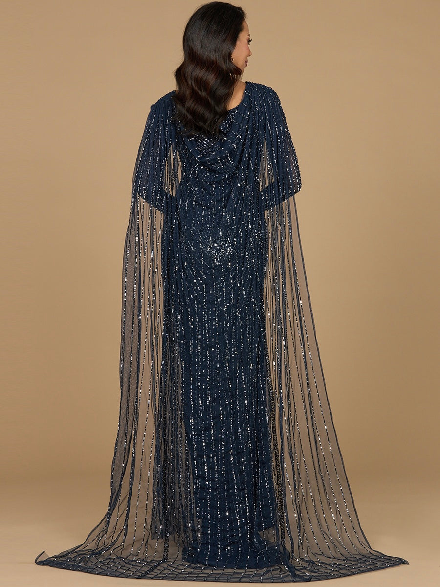 Long Sleeve Beaded Gown with Cape 28956