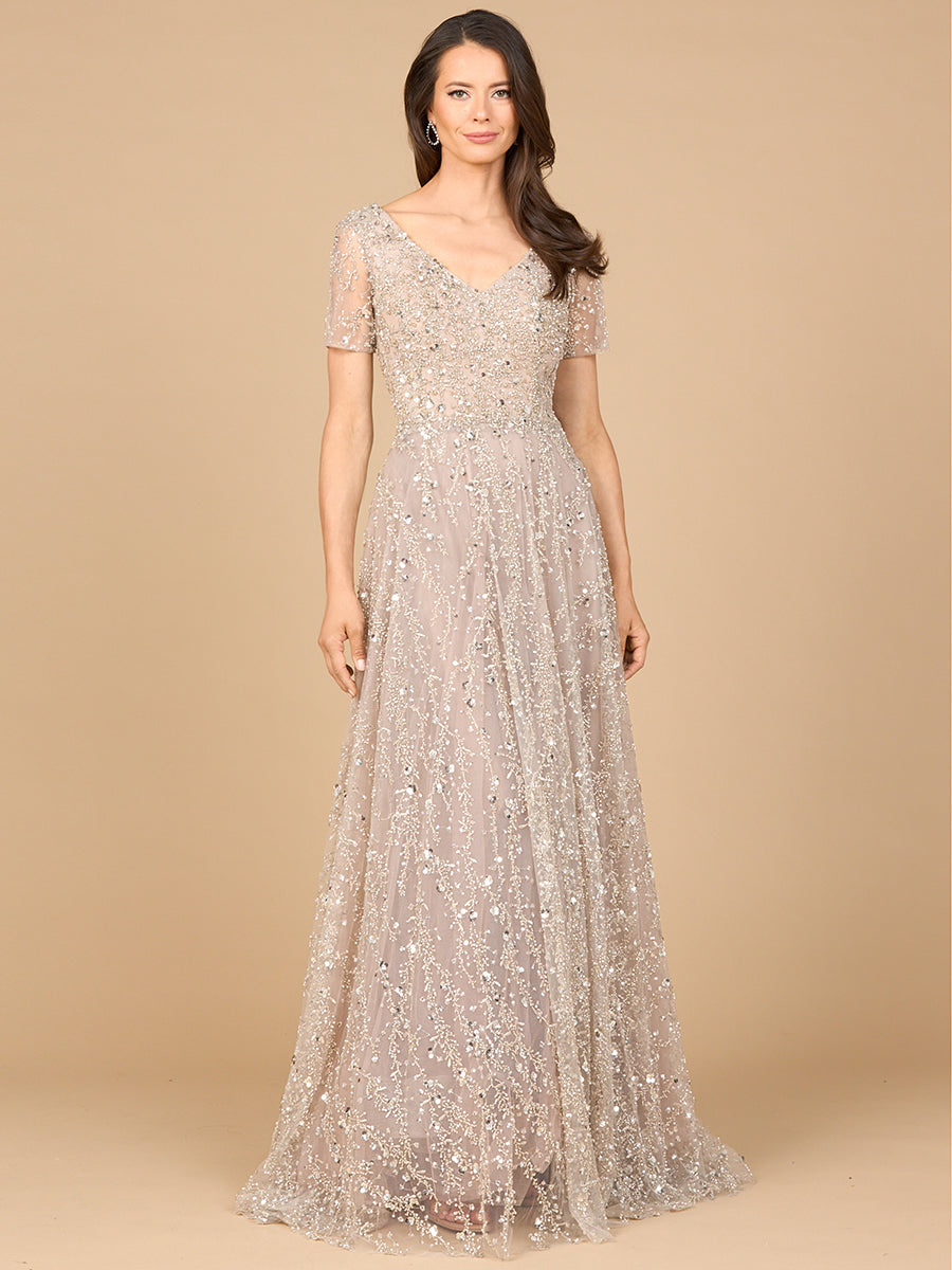 Short Sleeve V-Neck Beaded Ballgown 28958